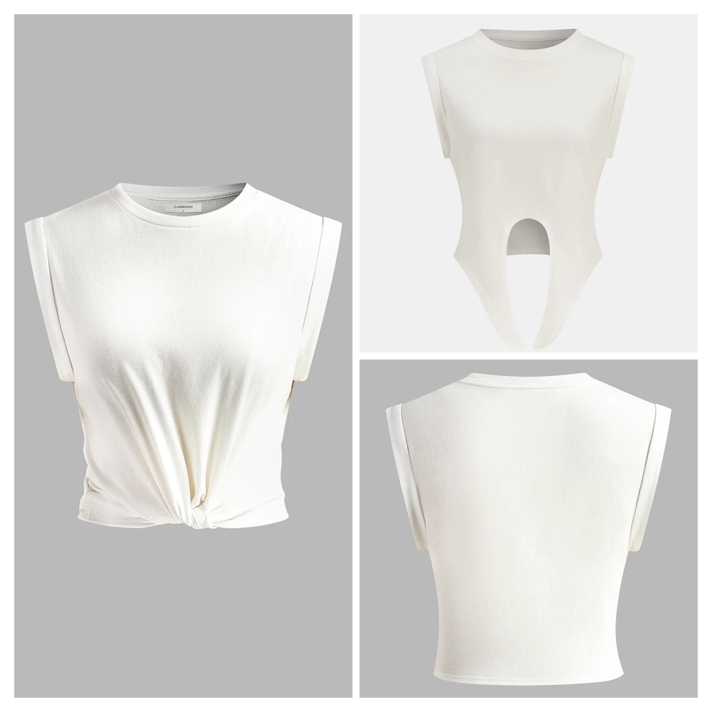 Commense Crop Top Women Medium White Front Tie Knot Sleeveless Cotton